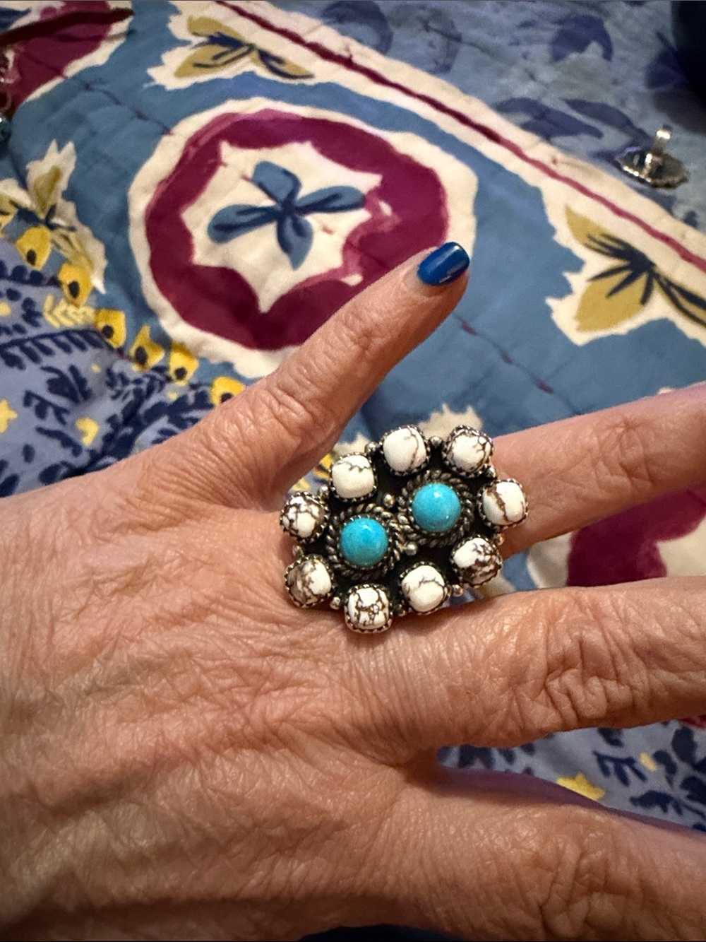 Turquoise and Wild Horse 925 Cluster Ring - adjustable